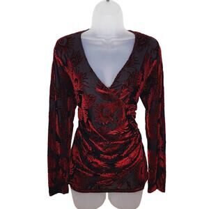VTG Y2K Karen Kane Velvet Burnout Wrap Top Sheer Whimsygoth Goth Peacock Vamp